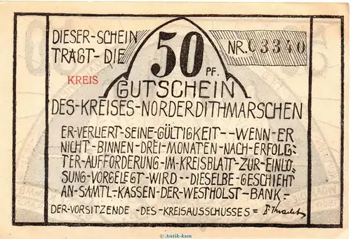 Notgeld Kreis Norderdithmarschen , 50 Pfennig -Kreis- in kfr. o.D. Schleswig Holstein Seriennotgeld