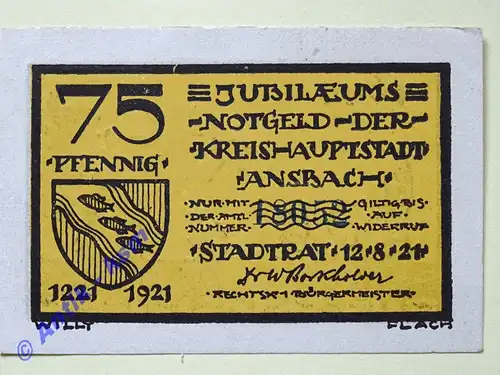 Notgeld Ansbach , Bayern , Einzelschein über 75 Pfennig 1647 , Kn = blaugrün , Mehl Grabowski 35.2 , von 1921 , Seriennotgeld