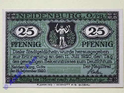 Notgeld Neidenburg , Ostpreussen , ohne Kennummer Einzelschein über 25 Pfennig , Mehl Grabowski 932.1 B , von 1920 , Seriennotgeld