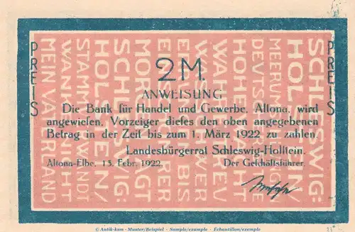 Notgeld Landesbürgerrat Altona 29.1.b , 2 Mark schwarz -L über B- in kfr. von 1922 , Hamburg Seriennotgeld