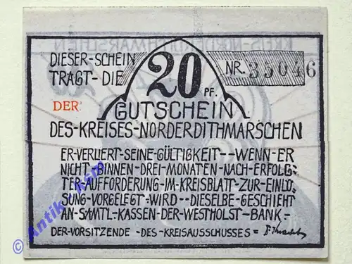 Notgeld Norderdithmarschen , Schleswig Holstein , Einzelschein über 20 Pfennig -DER- , Mehl Grabowski 983.4 , von 1921 , Seriennotgeld