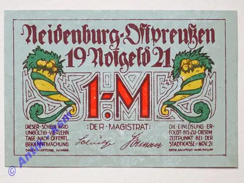 Notgeld Neidenburg , Einzelschein über 1 Mark braun - schwarz , Mehl Grabowski 932.4 , Seriennotgeld Ostpreussen