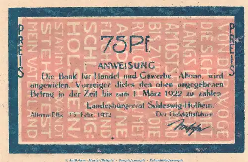 Notgeld Landesbürgerrat Altona 29.1.b , 75 Pfennig Nr.2 schwarz -L über B- in kfr. von 1922 , Hamburg Seriennotgeld
