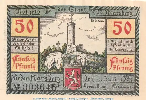 Notgeld Nieder Marsberg 971.2 , 50 Pfennig Schein in kfr. von 1921 , Westfalen Seriennotgeld