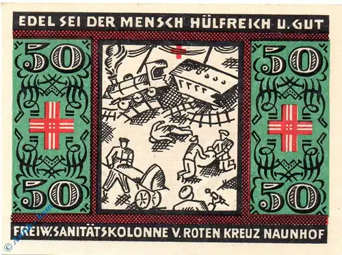 Notgeld Naunhof , rotes Kreuz , 50 Pfennig Schein Nr 3 , Mehl Grabowski 929.1 , von 1921 , Sachsen Seriennotgeld