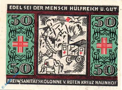 Notgeld Naunhof , rotes Kreuz , 50 Pfennig Schein Nr 5 , Mehl Grabowski 929.1 , von 1921 , Sachsen Seriennotgeld