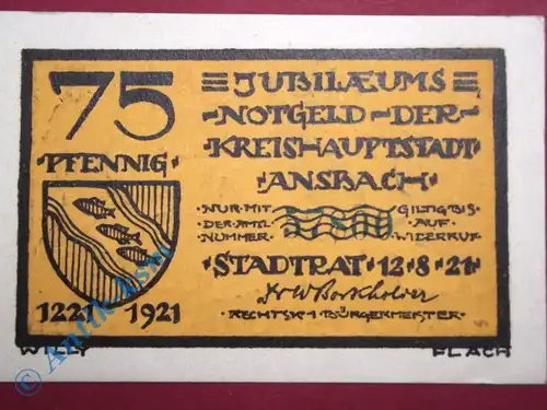 Notgeld Ansbach , 75 Pfennig Schein 1531 , Mehl Grabowski 35.2 D , von 1921 , Bayern Seriennotgeld