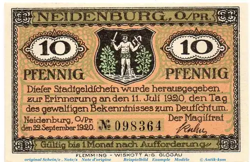 Notgeld Stadt Neidenburg 932.2 , 10 Pfennig Schein in kfr. von 1920 , Ostpreussen Seriennotgeld