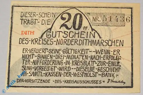 Notgeld Norder Dithmarschen , 20 Pfennig Schein DITH , Mehl Grabowski 983.4 a , Schleswig Holstein Seriennotgeld