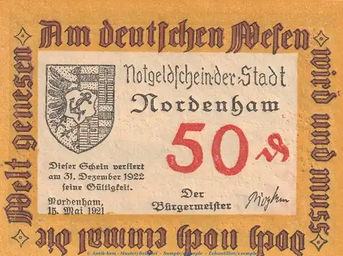 Notgeld Stadt Nordenham982.2.b , 50 Pfennig -20mm- Nr.1 in kfr. von 1921 , Niedersachsen Seriennotgeld