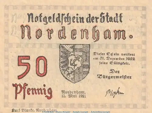 Notgeld Nordenham 982.2.b , 50 Pfennig -20mm- Nr.2 in kfr. von 1921 , Niedersachsen Seriennotgeld