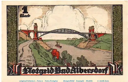 Notgeld Gemeinde Bad Albersdorf 9.1 , 1 Mark Schein in kfr. von 1922 , Schleswig Holstein Seriennotgeld
