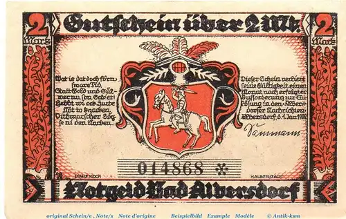 Notgeld Bad Albersdorf , 2 Mark Schein , Mehl Grabowski 9.1 , von 1922 , Schleswig Holstein Seriennotgeld