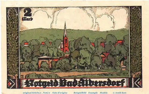 Notgeld Bad Albersdorf , 2 Mark Schein , Mehl Grabowski 9.1 , von 1922 , Schleswig Holstein Seriennotgeld