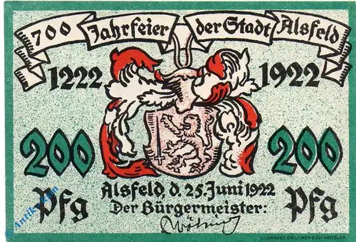 Notgeld Alsfeld , 2 Mark Schein Nr 2 , Mehl Grabowski 16.1 , von 1922 , Hessen Seriennotgeld
