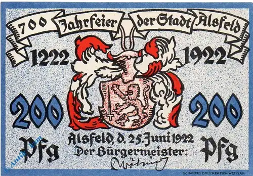 Notgeld Alsfeld , 2 Mark Schein Nr 1 , Mehl Grabowski 16.1 , von 1922 , Hessen Seriennotgeld