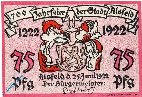 Notgeld Alsfeld , 75 Pfennig Schein Nr 2 , Mehl Grabowski 16.1 , von 1922 , Hessen Seriennotgeld