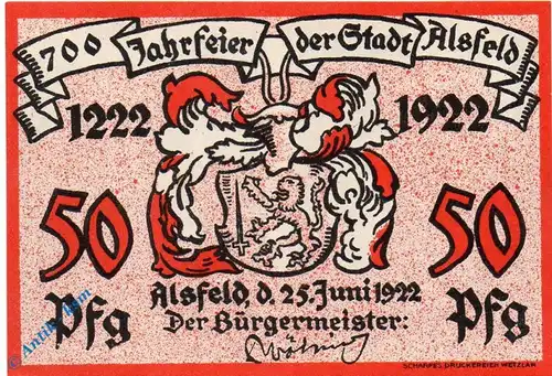 Notgeld Alsfeld , 50 Pfennig Schein , Mehl Grabowski 16.1 , von 1922 , Hessen Seriennotgeld