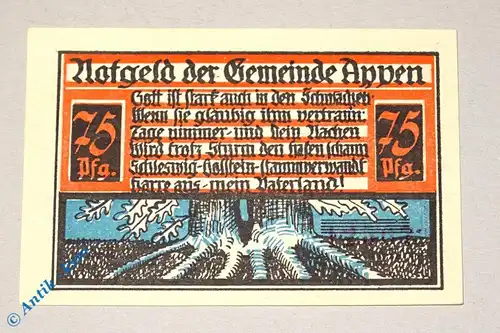 Notgeld Appen , 75 Pfennig Schein Nr 1 , Mehl Grabowski 39.2 , Schleswig Holstein Seriennotgeld