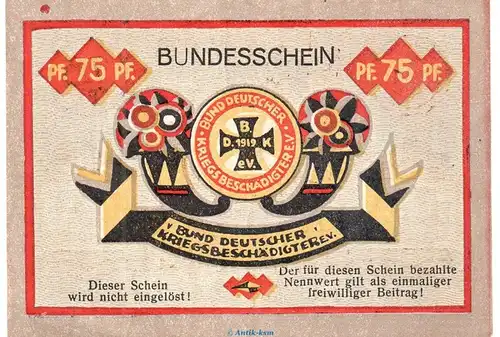 Notgeld Bund Kriegsbeschädigter Hamburg 518.1 , 75 Pfennig Schein in kfr. o.D. Hamburg Seriennotgeld