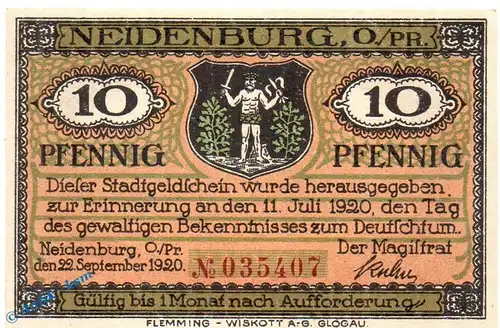 Notgeld Stadt Neidenburg 932.1 , 10 Pfennig Schein in kfr. Kn rot , von 1920 , Ostpreussen Seriennotgeld