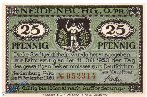 Notgeld Neidenburg , 25 Pfennig Schein in kfr. Kn rot , Mehl Grabowski 932.1 , von 1920 , Ostpreussen Seriennotgeld