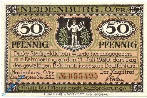 Notgeld Neidenburg , 50 Pfennig Schein , rote Kn , Mehl Grabowski 932.1 , von 1920 , Ostpreussen Seriennotgeld