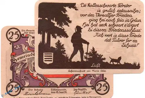 Notgeld Nöschenrode , violett , 25 Pfennig Schein Nr 1 in kfr. Mehl Grabowski 980.10 , von 1921 , Sachsen Anhalt Seriennotgeld