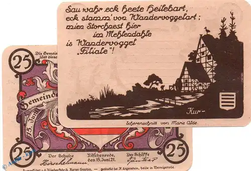 Notgeld Nöschenrode , violett , 25 Pfennig Schein Nr 2 in kfr. Mehl Grabowski 980.10 , von 1921 , Sachsen Anhalt Seriennotgeld