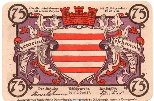Notgeld Gemeinde Nöschenrode 980.10 , 75 Pfennig Schein Nr 5 violett von 1921 , Sachsen Anhalt Seriennotgeld