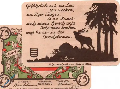 Notgeld Nöschenrode grün , 75 Pfennig Schein i. HARZ , Mehl Grabowski 980.11 , von 1921 , Sachsen Anhalt Seriennotgeld