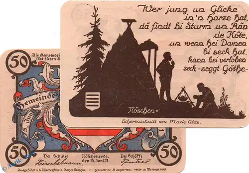 Notgeld Gemeinde Nöschenrode 980.9 , 50 Pfennig Nr 4 in kfr. blau , von 1921 , Sachsen Anhalt Seriennotgeld
