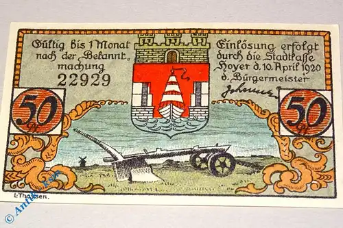 Notgeld Hoyer , 50 Pfennig Schein , verschl. Kreise , Mehl Grabowski 633.3 , von 1922 , dänisch Nordschleswig Seriennotgeld