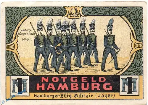 Notgeld Hamburg , Bürgermilitär , 1 Mark Schein in kfr. Mehl Grabowski 519.1 , von 1921 , Hamburg Seriennotgeld
