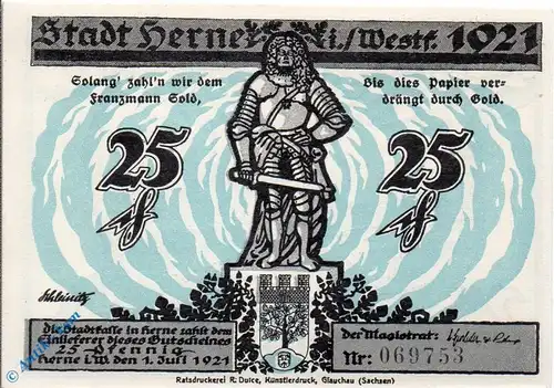 Notgeld Herne , 25 Pfennig Schein , solang dies Papier , Mehl Grabowski 602.3 , von 1921 , Westfalen Seriennotgeld