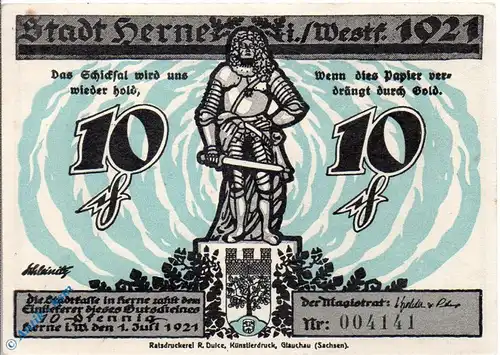 Notgeld Herne , 10 Pfennig Schein , das Schicksal , Mehl Grabowski 602.5 , von 1921 , Westfalen Seriennotgeld