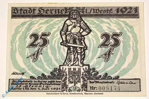 Notgeld Herne , 25 Pfennig Schein ohne Spruch , Mehl Grabowski 602.2 , von 1921 , Westfalen Notgeld
