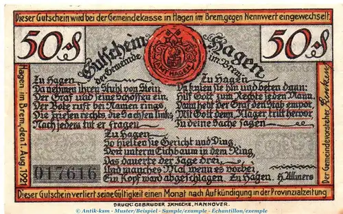 Notgeld Gemeinde Hagen 499.1 , 50 Pfennig Schein Nr 2 in kfr. von 1921 , Niedersachsen Seriennotgeld