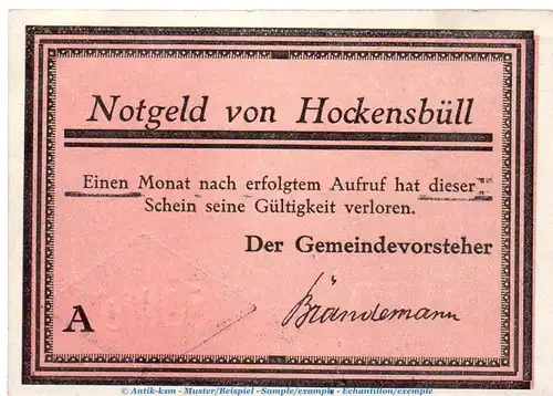 Notgeld Gemeinde Hockensbüll 614.1.b , 50 Pfennig Schein A -rosa- in kfr. o.D. Schleswig Holstein Seriennotgeld