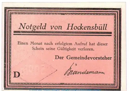 Notgeld Gemeinde Hockensbüll 614.1.b , 50 Pfennig Schein D -rosa- in kfr. o.D. Schleswig Holstein Seriennotgeld