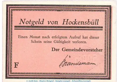 Notgeld Gemeinde Hockensbüll 614.1.b , 50 Pfennig Schein F -rosa- in kfr. o.D. Schleswig Holstein Seriennotgeld