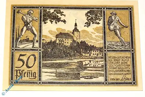 Notgeld Auma , 50 Pfennig Schein Nr 6 , Büttenpapier , Mehl Grabowski 55.3 , von 1921 , Thüringen Serien Notgeld