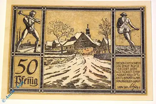 Notgeld Auma , 50 Pfennig Schein Nr 3 , Büttenpapier , Mehl Grabowski 55.3 , von 1921 , Thüringen Serien Notgeld