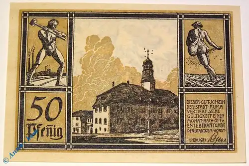 Notgeld Auma , 50 Pfennig Schein Nr 5 , Büttenpapier , Mehl Grabowski 55.3 , von 1921 , Thüringen Serien Notgeld