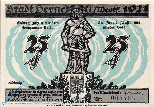 Notgeld Herne , 25 Pfennig Schein , solang bis Arbeit , Mehl Grabowski 602.4 , von 1921 , Westfalen Seriennotgeld