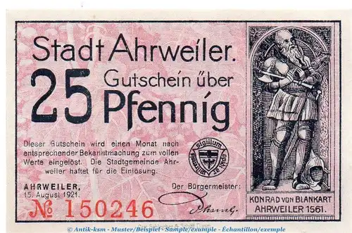 Notgeld Stadt Ahrweiler 7.2 , 25 Pfennig  -o könnten- in kfr. , von 1921 , Rheinland Seriennotgeld