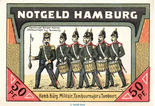 Notgeld Bürgermilitär Hamburg 519.1 , 50 Pfennig Schein in kfr. von 1921 , Hamburg Seriennotgeld