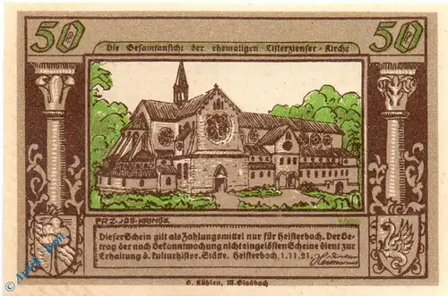 Notgeld Heisterbach , 50 Pfennig Schein Nr 2 , Mehl Grabowski 593.2 , von 1921 , Nordrhein Westfalen Serien Notgeld