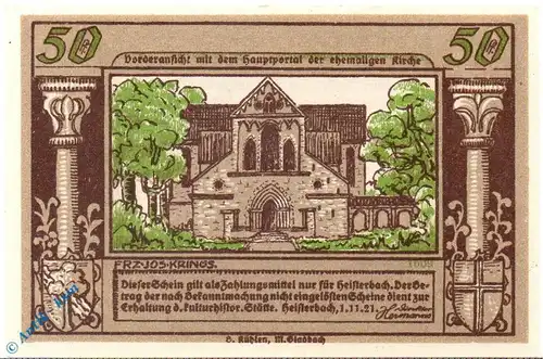 Notgeld Heisterbach , 50 Pfennig Schein Nr 3 , Mehl Grabowski 593.2 , von 1921 , Nordrhein Westfalen Serien Notgeld