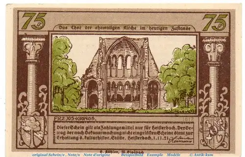Notgeld Hermanns Heisterbach 593.2 , 75 Pfennig Schein Nr 1 in kfr. von 1921 , Westfalen Seriennotgeld